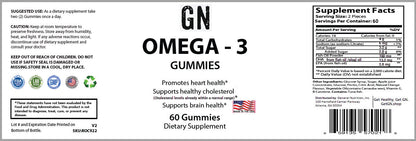 Supplement label for Omega-3 gummies with text and graphics on a white background