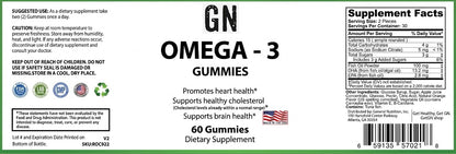 Supplement label for Omega-3 gummies with nutritional information and branding details.