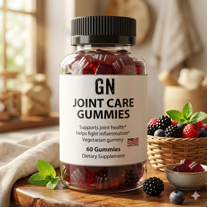 Bottle of GN Joint Care Gummies on a wooden surface with a blurred background