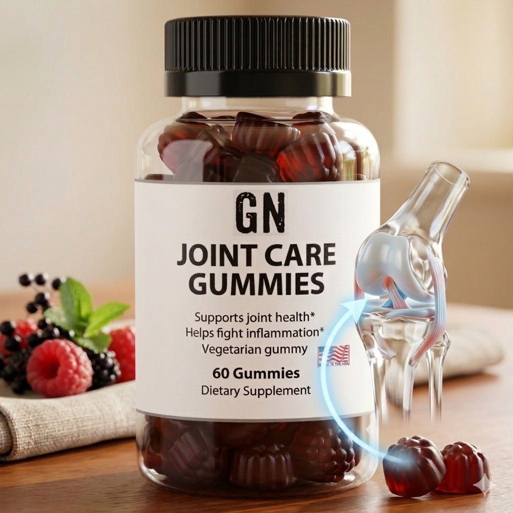 Bottle of GN Joint Care Gummies on a wooden surface with berries and a glass container.