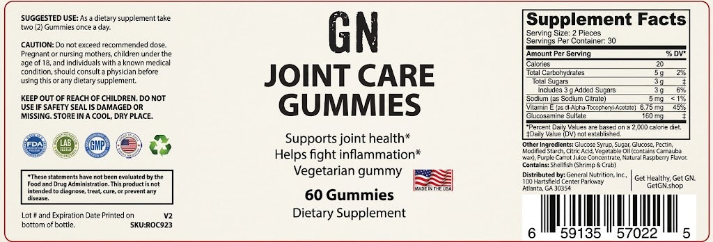 Supplement label for GN Joint Care Gummies with ingredients and nutritional information.