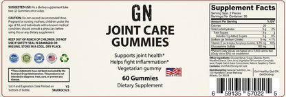 Supplement label for GN Joint Care Gummies with ingredients and nutritional information.