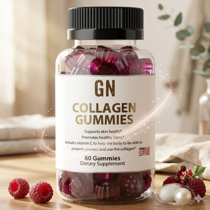 Bottle of GN Collagen Gummies on a wooden surface with raspberries and a blurred background