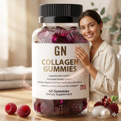 Woman holding a jar of GN Collagen Gummies with a blurred indoor background