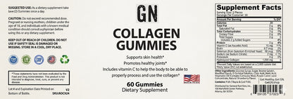 Supplement label for GN Collagen Gummies with ingredients and nutritional information.