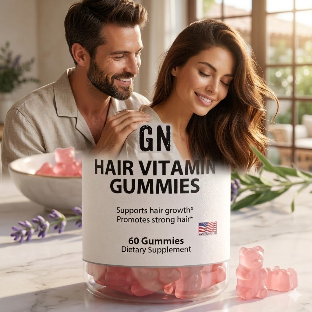 Man and woman looking at a container of GN Hair Vitamin Gummies in a bright room.