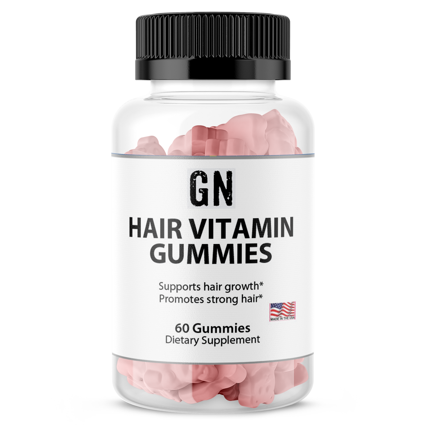Hair vitamin gummies in a clear bottle with a black lid on a white background