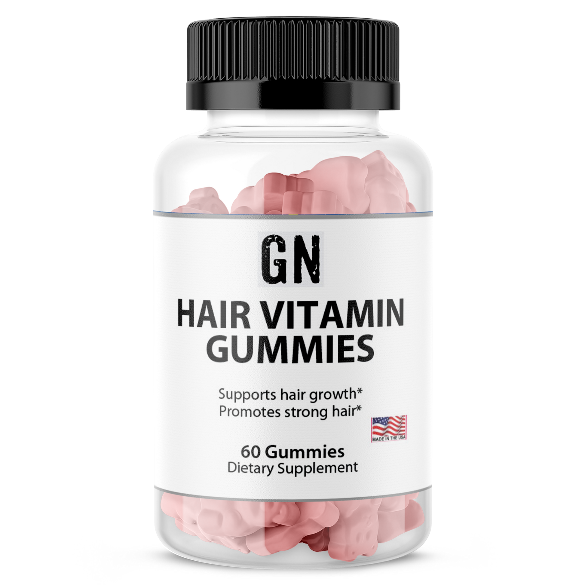 Hair vitamin gummies in a clear bottle with a black lid on a white background