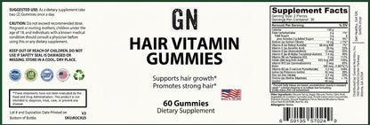 Supplement label for GN Hair Vitamin Gummies with text and graphics on a black background
