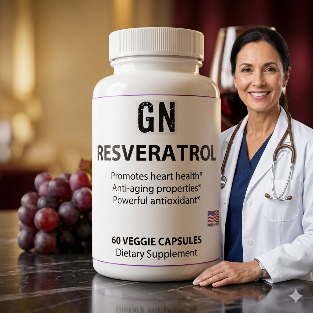 Supplement bottle labeled 'GN Resveratrol' with a doctor standing next to it.