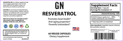 Supplement label for GN Resveratrol with text and graphics on a white background