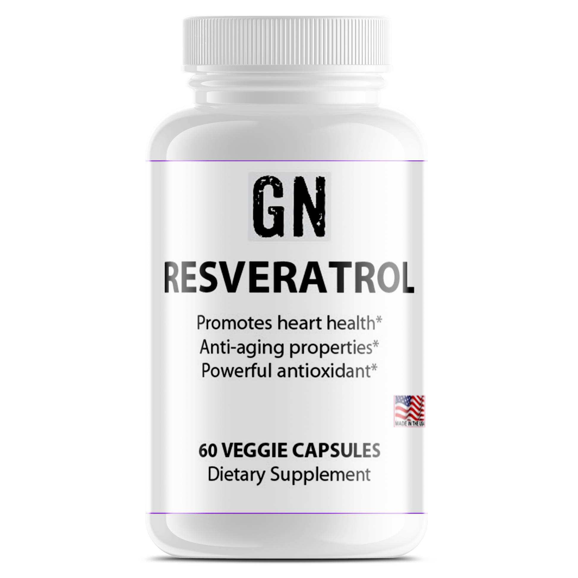 Supplement bottle labeled 'GN Resveratrol' on a white background