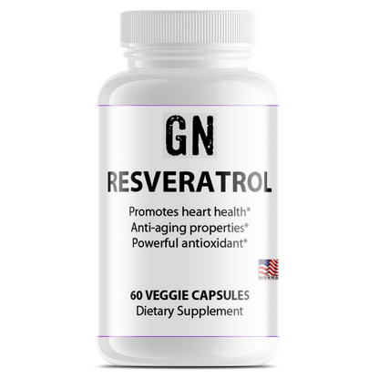 Supplement bottle labeled 'GN Resveratrol' on a white background