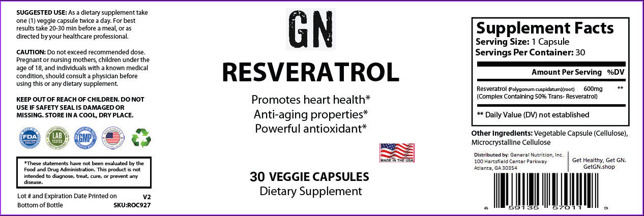 Supplement label for GN Resveratrol with text and graphics on a white background