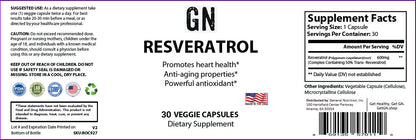 Supplement label for GN Resveratrol with text and graphics on a white background