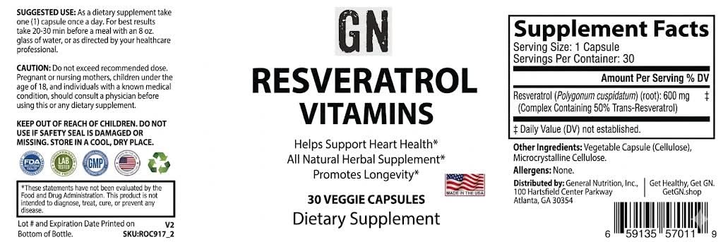 Supplement label for GN Resveratrol Vitamins with supplement facts and ingredients listed.