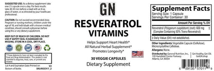 Supplement label for GN Resveratrol Vitamins with supplement facts and ingredients listed.