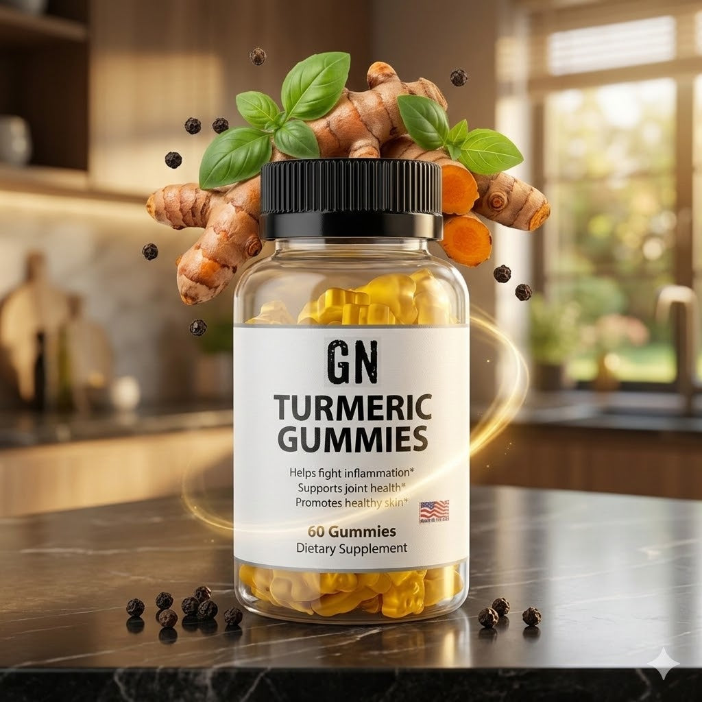 Bottle of GN Turmeric Gummies with turmeric roots and black pepper on a kitchen counter.