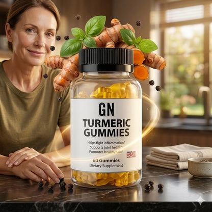 Woman sitting at a table with a bottle of GN Turmeric Gummies, surrounded by turmeric roots and leaves.