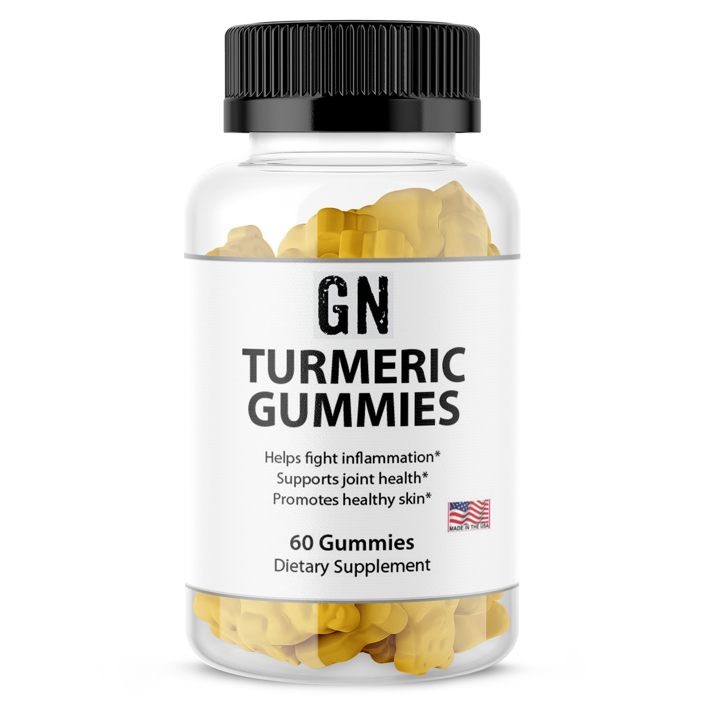 Bottle of GN Turmeric Gummies with a white label on a white background