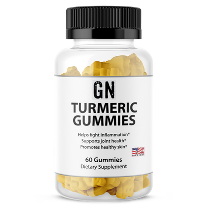 Bottle of GN Turmeric Gummies with a white label on a white background