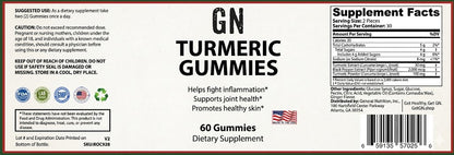 Label of GN Turmeric Gummies dietary supplement with text and icons.