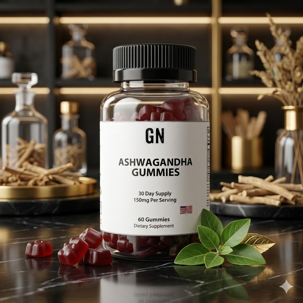 Bottle of GN Ashwagandha gummies on a reflective surface with a blurred background