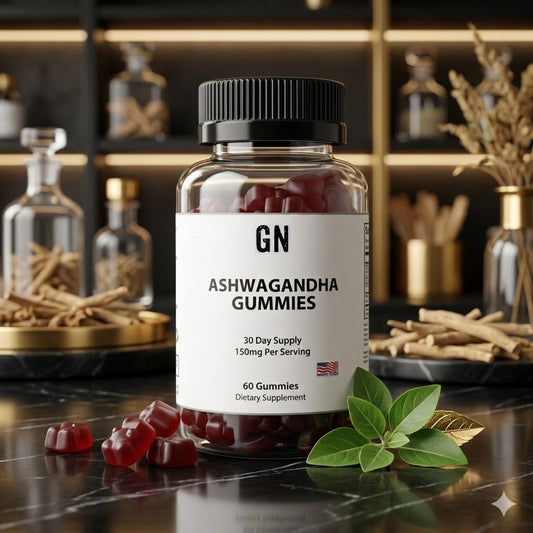 Bottle of GN Ashwagandha gummies on a reflective surface with a blurred background