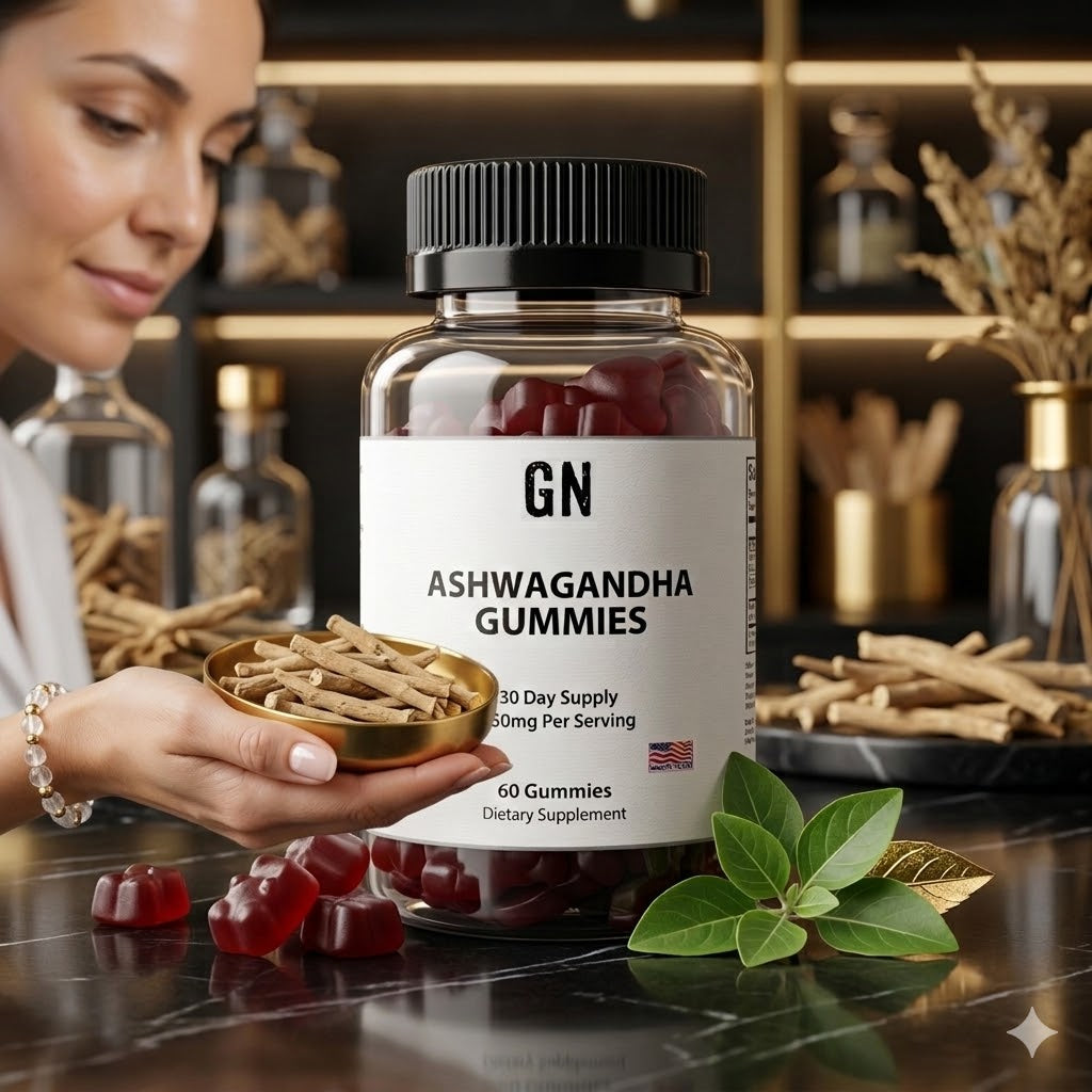 Person holding a bottle of Ashwagandha gummies with a shelf in the background