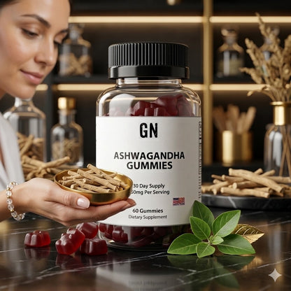 Person holding a bottle of Ashwagandha gummies with a shelf in the background