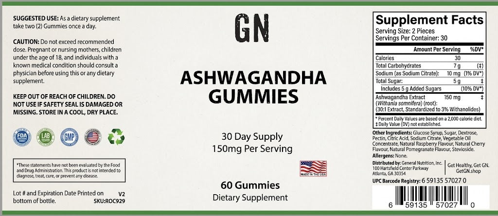 Supplement label for Ashwagandha gummies with nutritional information and branding.