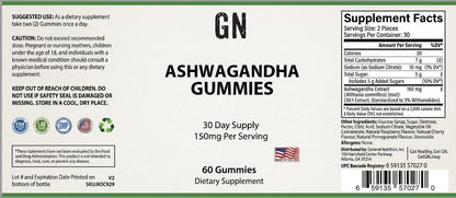 Supplement label for Ashwagandha gummies with nutritional information and branding.