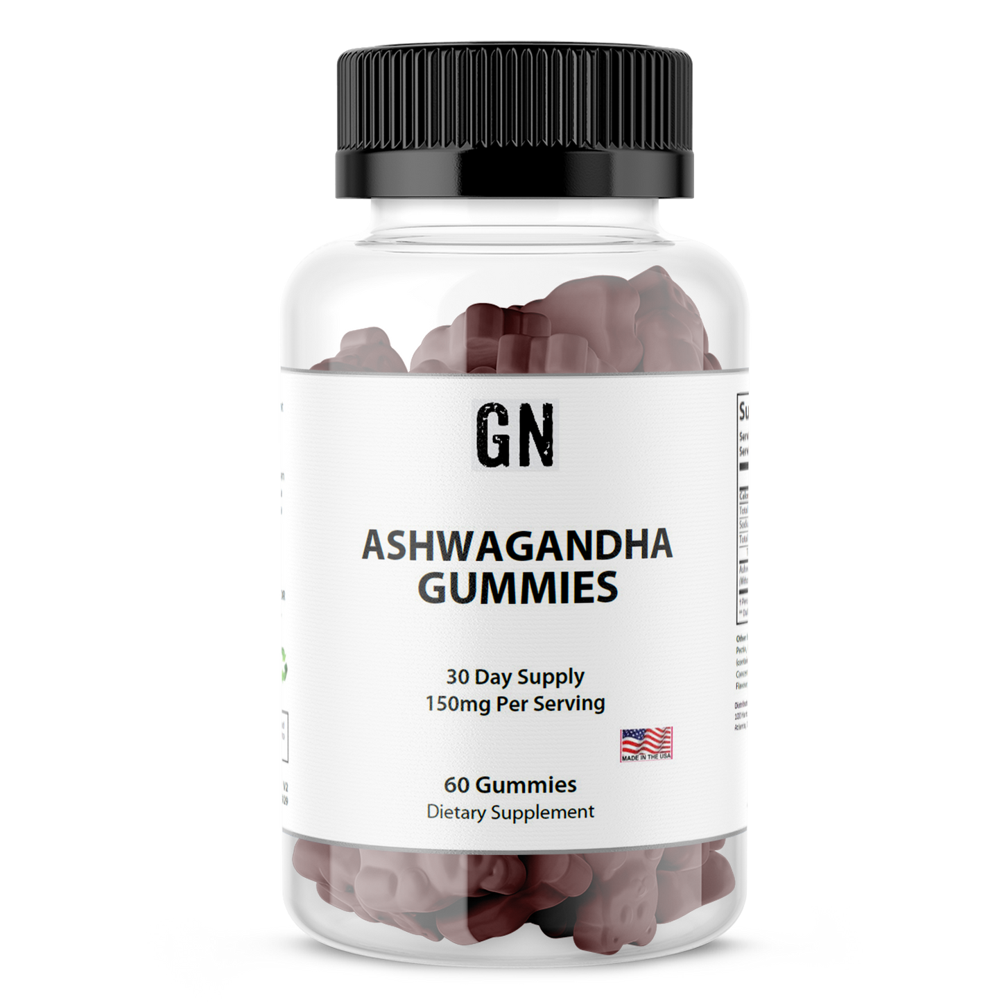 Bottle of GN Ashwagandha Gummies on a white background