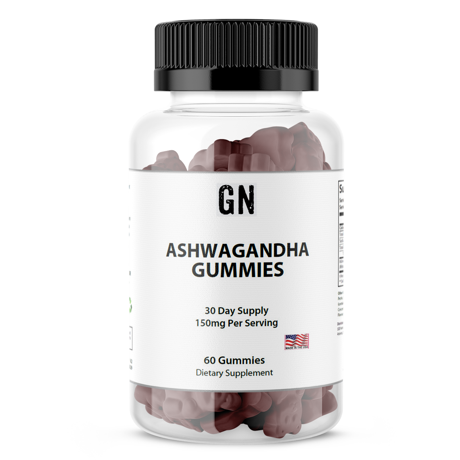 Bottle of GN Ashwagandha Gummies on a white background
