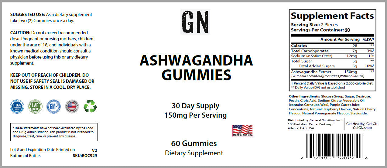 Supplement label for Ashwagandha gummies with text and graphics on a white background