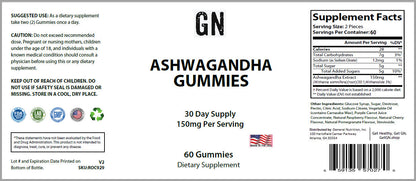 Supplement label for Ashwagandha gummies with text and graphics on a white background