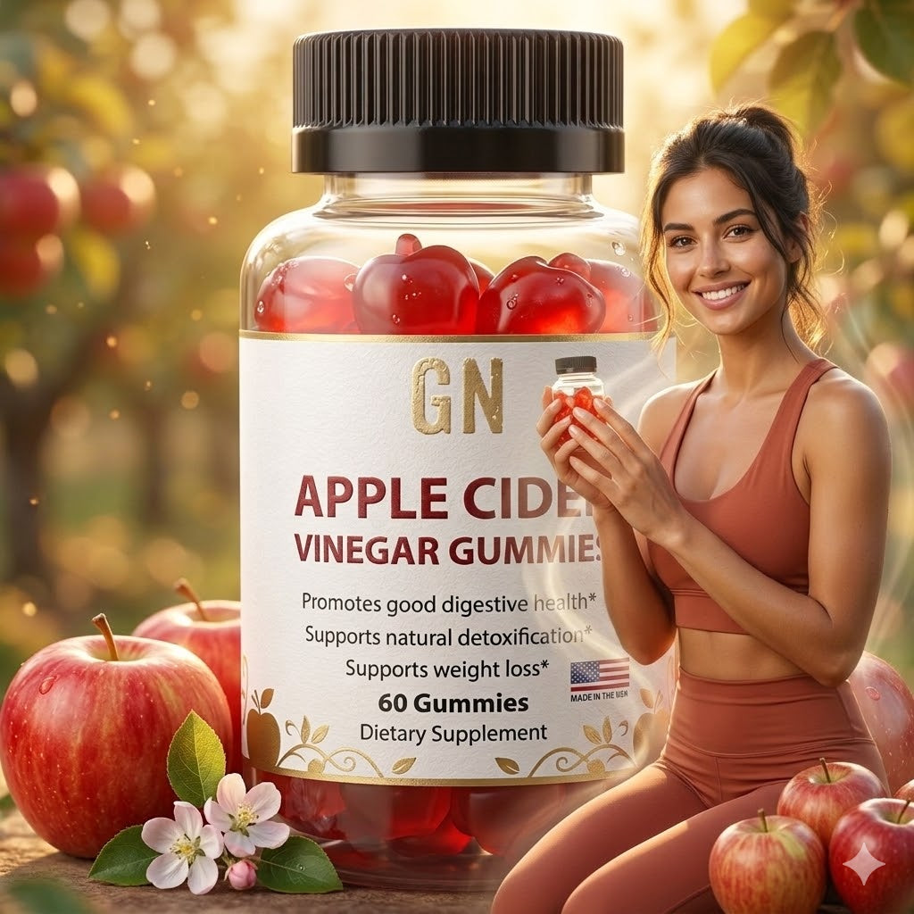 Bottle of GN Apple Cider Vinegar Gummies with a woman holding gummies in an apple orchard setting.
