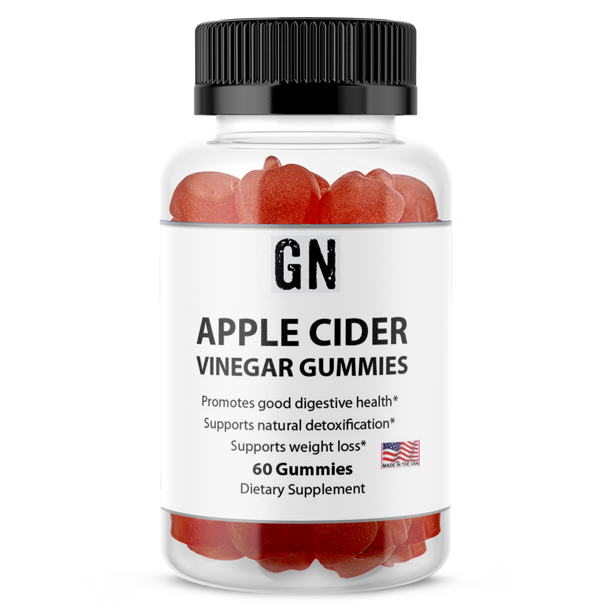 Jar of apple cider vinegar gummies with a black lid on a white background