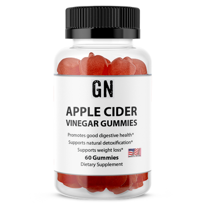 Jar of apple cider vinegar gummies with a black lid on a white background