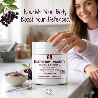 Supplement container labeled 'GN Elderberry Immunity' on a kitchen counter with text 'Nourish Your Body. Boost Your Defenses.