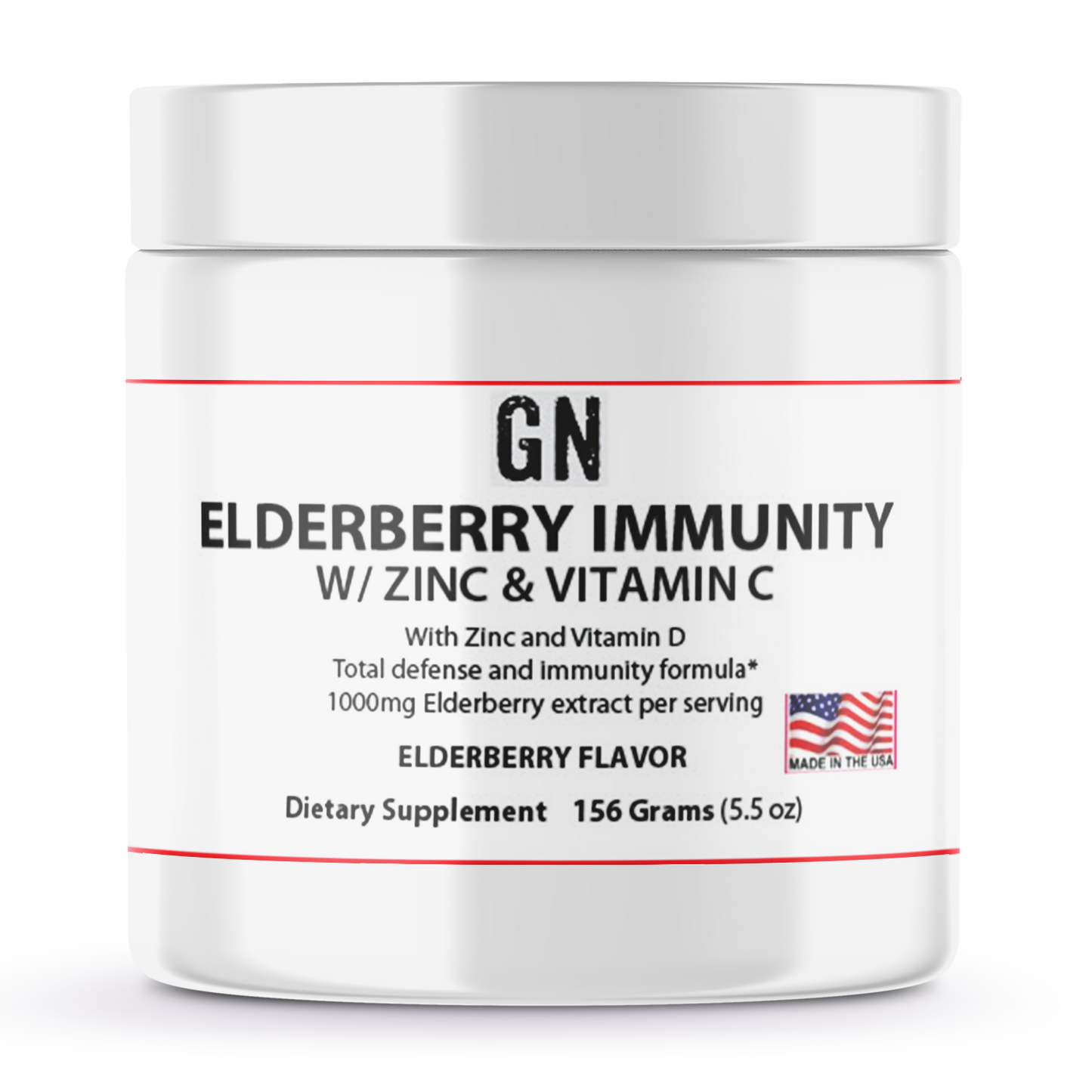 Supplement container labeled 'GN Elderberry Immunity w/ Zinc & Vitamin C' on a white background
