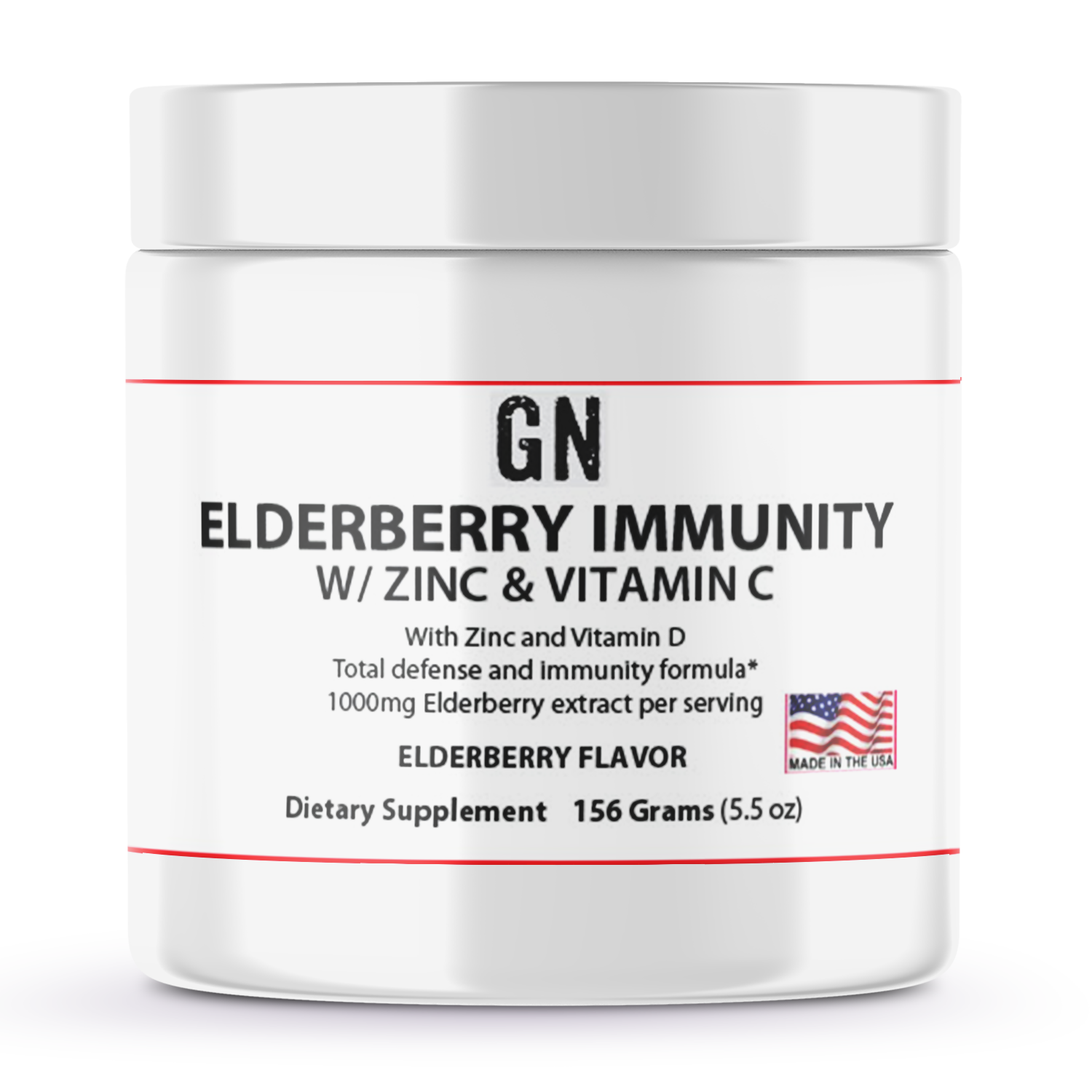 Supplement container labeled 'GN Elderberry Immunity w/ Zinc & Vitamin C' on a white background