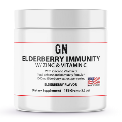Supplement container labeled 'GN Elderberry Immunity w/ Zinc & Vitamin C' on a white background