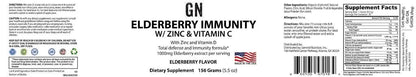 Supplement label for Elderberry Immunity with Zinc and Vitamin C, featuring ingredients and nutritional information.