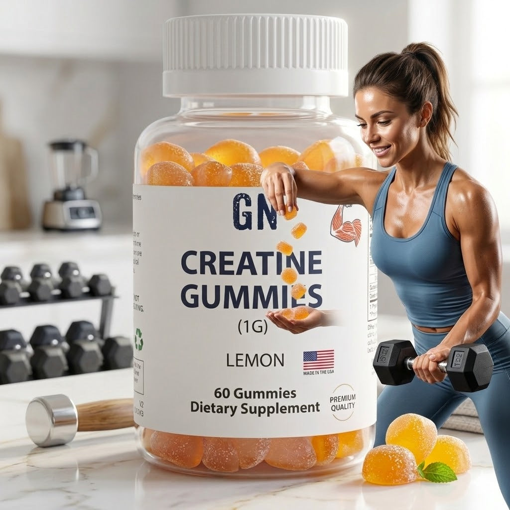 Woman holding a bottle of GN Creatine Gummies with lemon flavor in a kitchen setting.