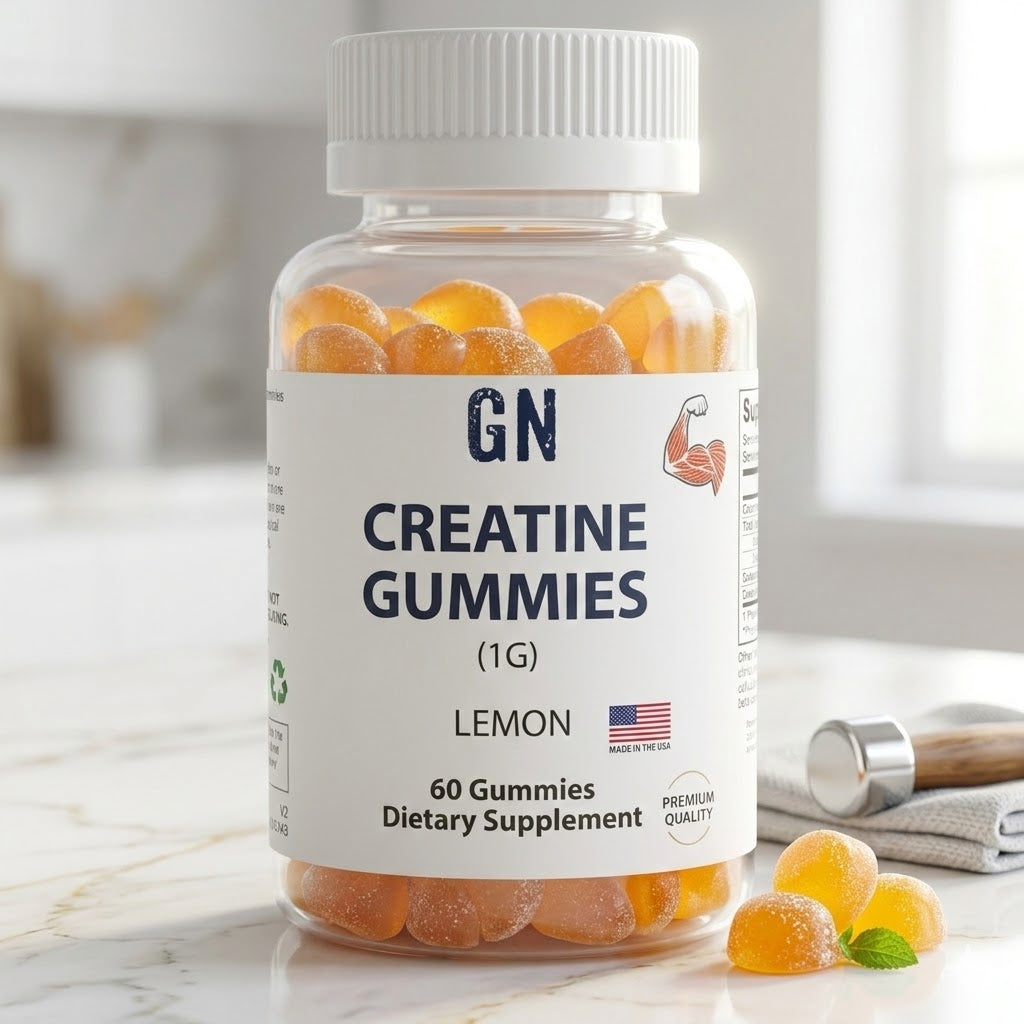 Bottle of GN Creatine Gummies on a marble surface with a blurred background