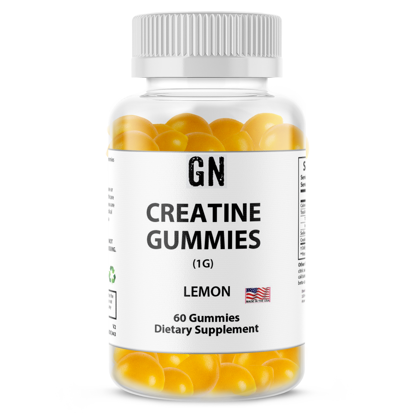 Bottle of GN Creatine Gummies with lemon flavor on a white background