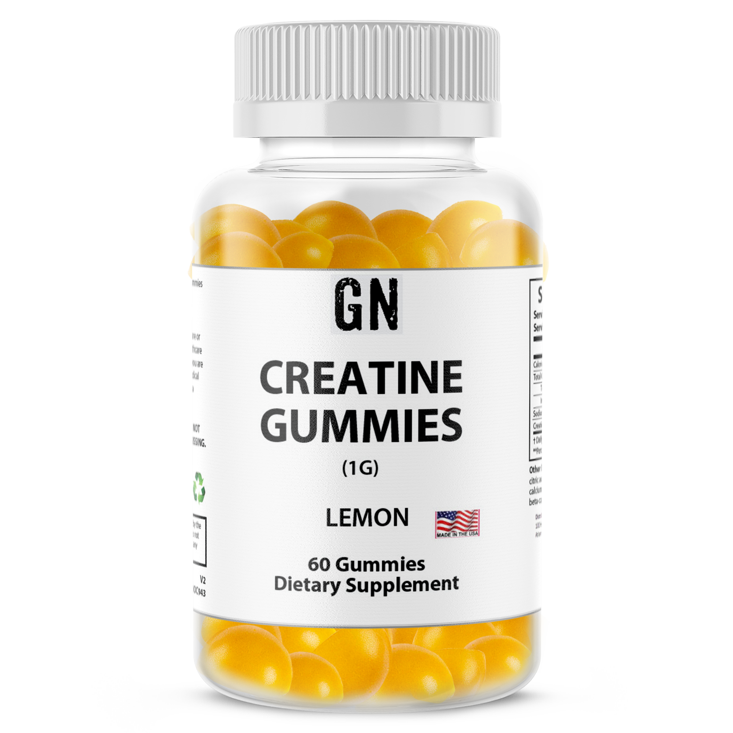 Bottle of GN Creatine Gummies with lemon flavor on a white background