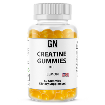 Bottle of GN Creatine Gummies with lemon flavor on a white background