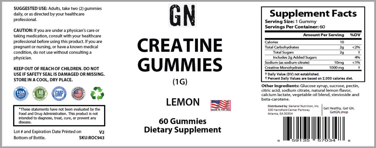 Label of GN Creatine Gummies supplement with ingredients and nutritional information.